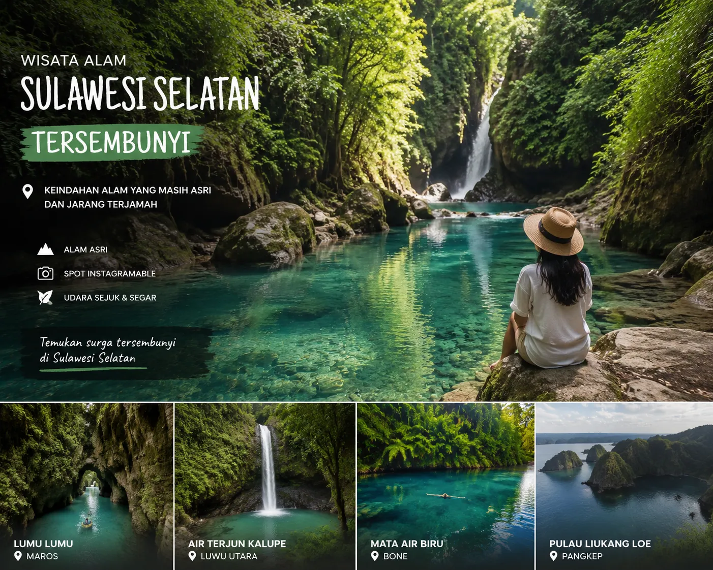 buatkan gambar wisata alam sulawesi selatan tersembunyi